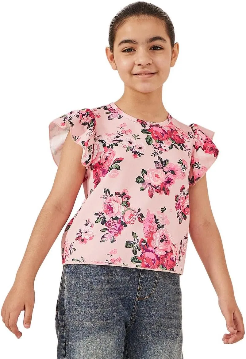 Styli Girls Floral Printed Ruffled Sleeves Top