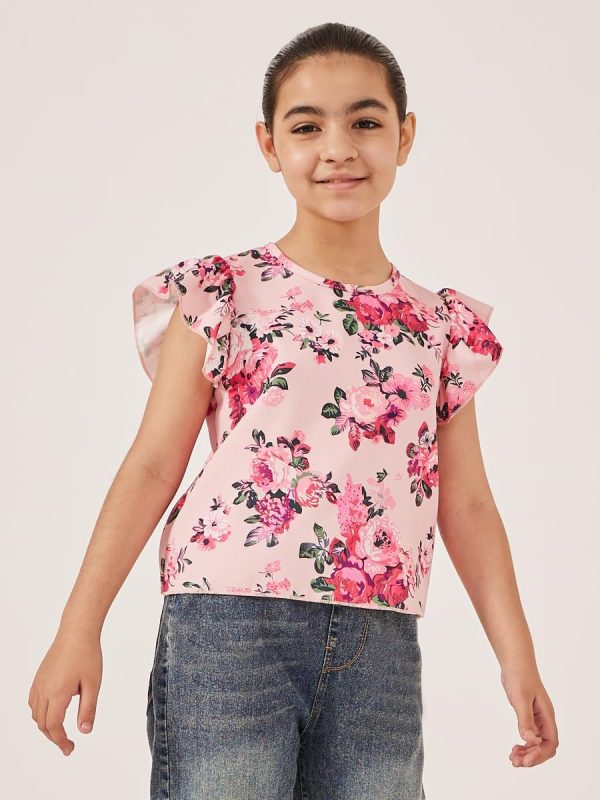 ⁦Styli Girls Floral Printed Ruffled Sleeves Top⁩ - الصورة ⁦2⁩