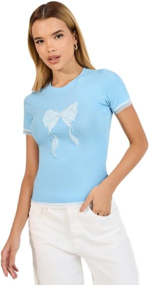 Styli Women Embroidered Bow Detail Slim Fit T-Shirt