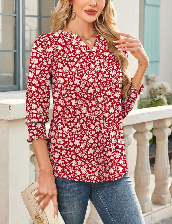⁦SEAUR Womens V Neck Puff Long Sleeve Tunic Blouses Tops Ruffle Sleeve 3/4 Bubble Sleeve Closure Dressy Casual T-Shirts⁩ - الصورة ⁦3⁩