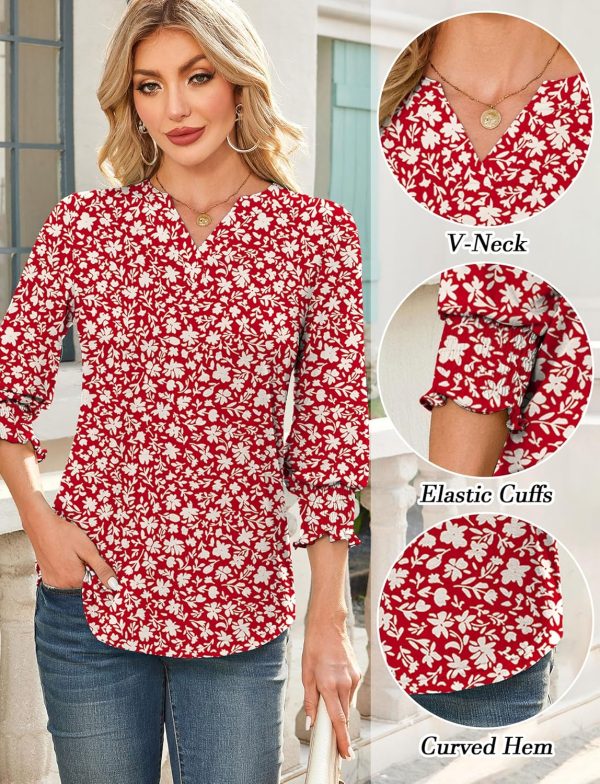 ⁦SEAUR Womens V Neck Puff Long Sleeve Tunic Blouses Tops Ruffle Sleeve 3/4 Bubble Sleeve Closure Dressy Casual T-Shirts⁩ - الصورة ⁦5⁩
