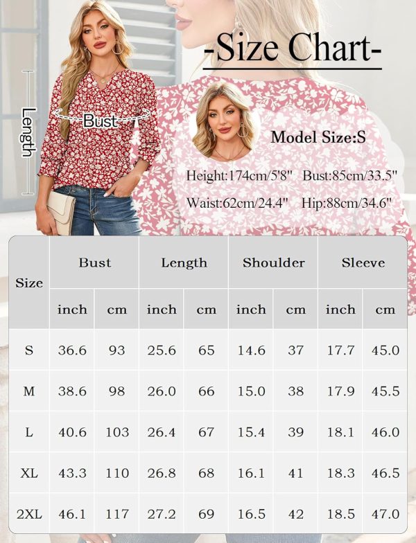 ⁦SEAUR Womens V Neck Puff Long Sleeve Tunic Blouses Tops Ruffle Sleeve 3/4 Bubble Sleeve Closure Dressy Casual T-Shirts⁩ - الصورة ⁦6⁩