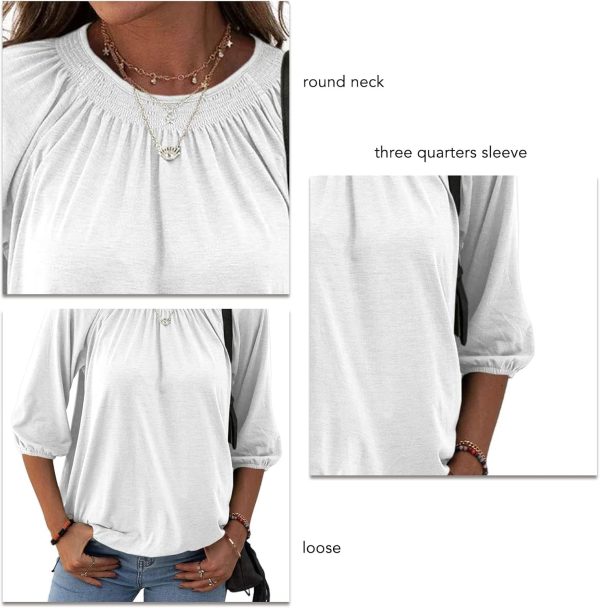 ⁦Womens Sleeve Crew Neck Blouse Summer Casual Round Neck Long Sleeve Loose Smocking Casual Tee Work Tops Tshirts Tunic Tops⁩ - الصورة ⁦3⁩