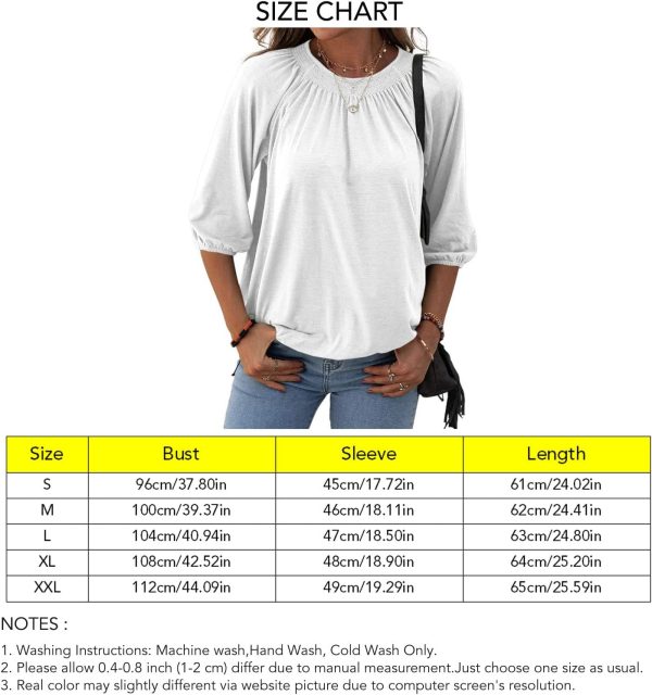 ⁦Womens Sleeve Crew Neck Blouse Summer Casual Round Neck Long Sleeve Loose Smocking Casual Tee Work Tops Tshirts Tunic Tops⁩ - الصورة ⁦4⁩