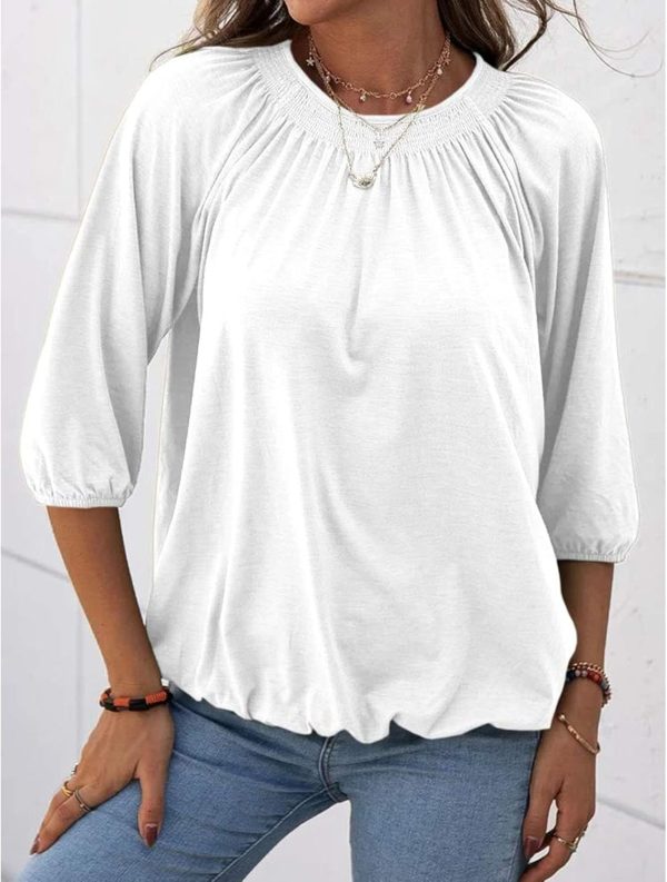 ⁦Womens Sleeve Crew Neck Blouse Summer Casual Round Neck Long Sleeve Loose Smocking Casual Tee Work Tops Tshirts Tunic Tops⁩ - الصورة ⁦5⁩