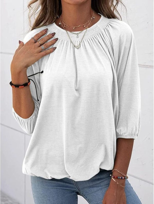 ⁦Womens Sleeve Crew Neck Blouse Summer Casual Round Neck Long Sleeve Loose Smocking Casual Tee Work Tops Tshirts Tunic Tops⁩ - الصورة ⁦6⁩