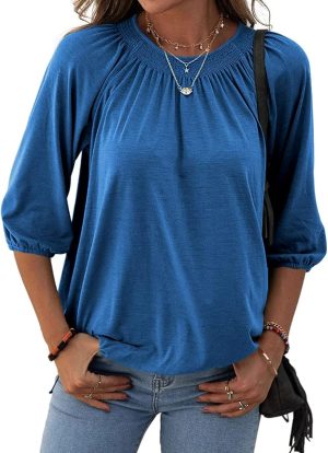 Womens Sleeve Crew Neck Blouse Summer Casual Round Neck Long Sleeve Loose Smocking Casual Tee Work Tops Tshirts Tunic Tops