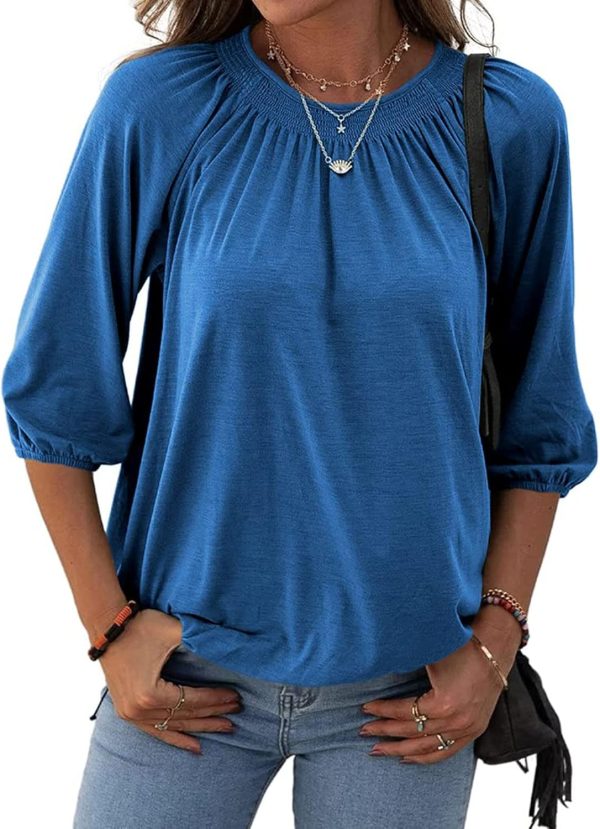 Womens Sleeve Crew Neck Blouse Summer Casual Round Neck Long Sleeve Loose Smocking Casual Tee Work Tops Tshirts Tunic Tops