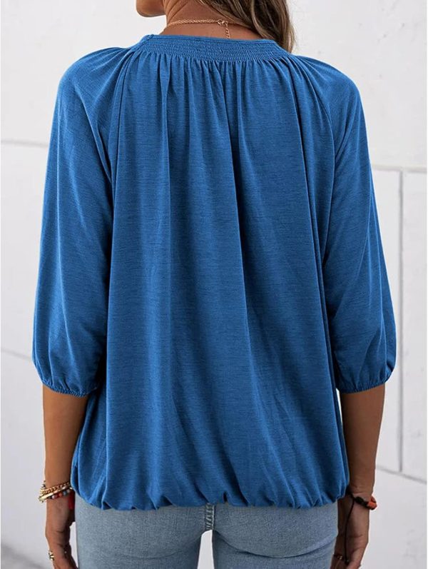 ⁦Womens Sleeve Crew Neck Blouse Summer Casual Round Neck Long Sleeve Loose Smocking Casual Tee Work Tops Tshirts Tunic Tops⁩ - الصورة ⁦2⁩
