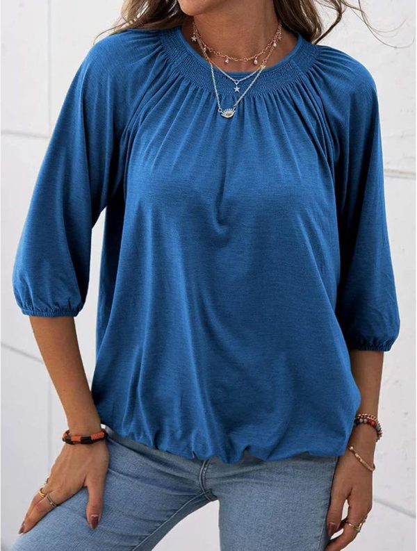 ⁦Womens Sleeve Crew Neck Blouse Summer Casual Round Neck Long Sleeve Loose Smocking Casual Tee Work Tops Tshirts Tunic Tops⁩ - الصورة ⁦3⁩