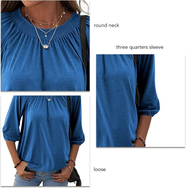 ⁦Womens Sleeve Crew Neck Blouse Summer Casual Round Neck Long Sleeve Loose Smocking Casual Tee Work Tops Tshirts Tunic Tops⁩ - الصورة ⁦4⁩