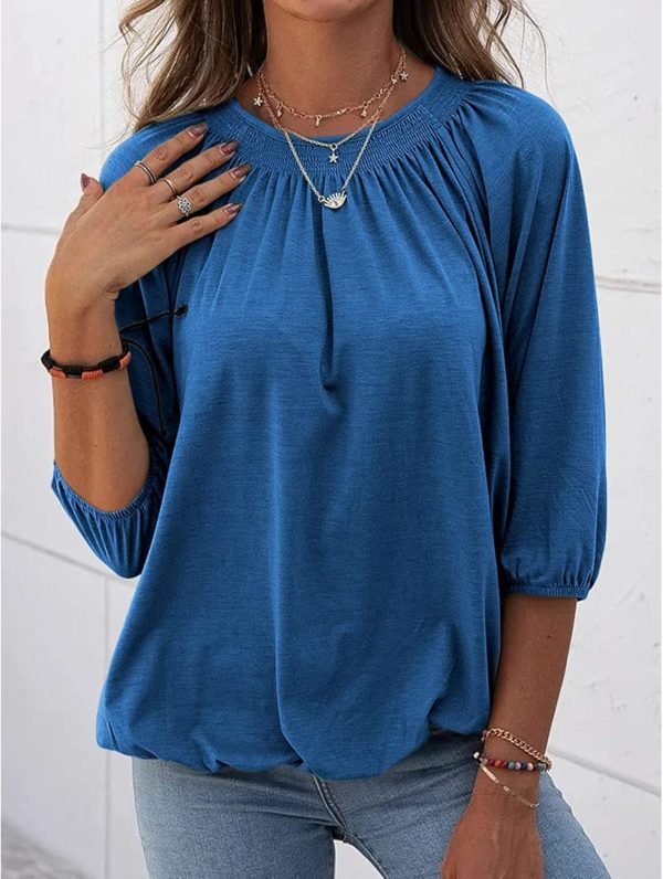 ⁦Womens Sleeve Crew Neck Blouse Summer Casual Round Neck Long Sleeve Loose Smocking Casual Tee Work Tops Tshirts Tunic Tops⁩ - الصورة ⁦5⁩