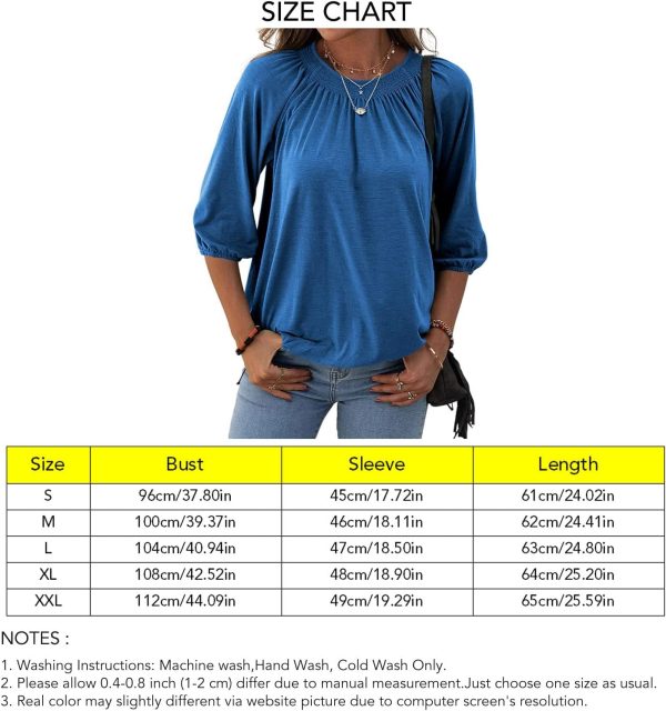 ⁦Womens Sleeve Crew Neck Blouse Summer Casual Round Neck Long Sleeve Loose Smocking Casual Tee Work Tops Tshirts Tunic Tops⁩ - الصورة ⁦6⁩