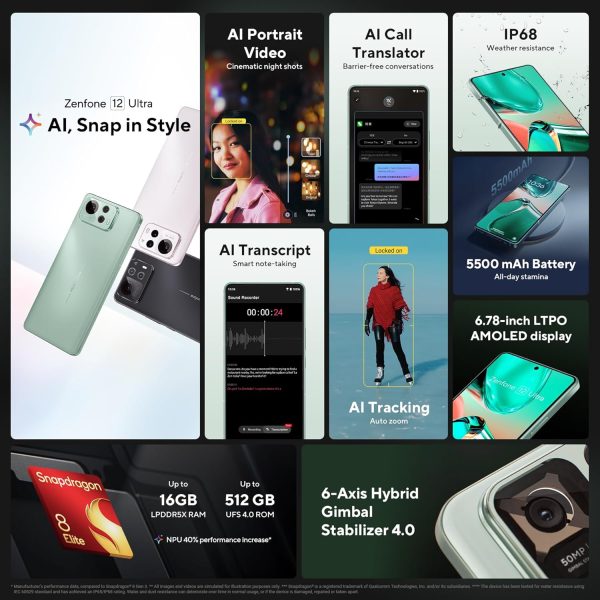 ⁦Asus Zenfone 12 Ultra DUAL-SIM 512GB ROM + 16GB RAM (GSM only | No CDMA) Factory Unlocked 5G SmartPhone (Sakura White) - International Version⁩ - الصورة ⁦4⁩