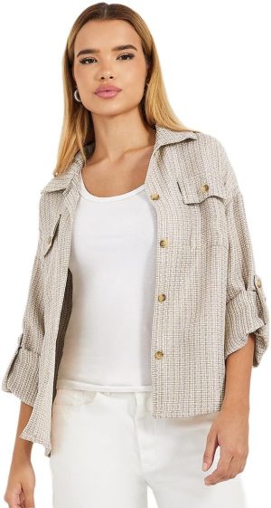 Styli Women Relaxed Fit Tweed Shirt With Roll-Up Sleeves