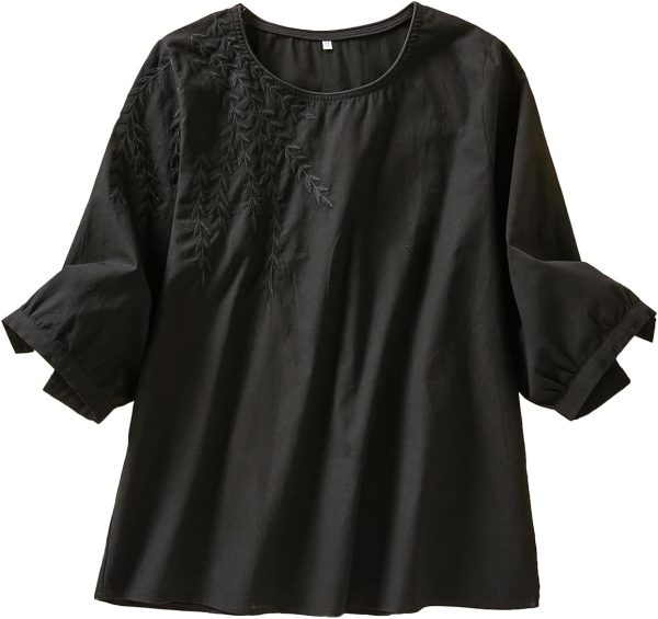 Women's Boho Embroidered Blouse, Coruja Mexican Bohemian Style Tops, Half Sleeve, Loose, Round Neck, Cotton Shirt, Plus Size Casual Tee Blouse