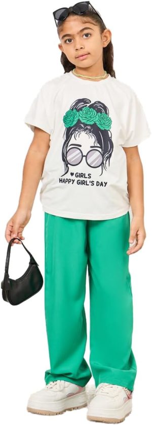 Styli Girls Happy Girl's Day Slogan Print T-shirt and Wide Leg Pant Set