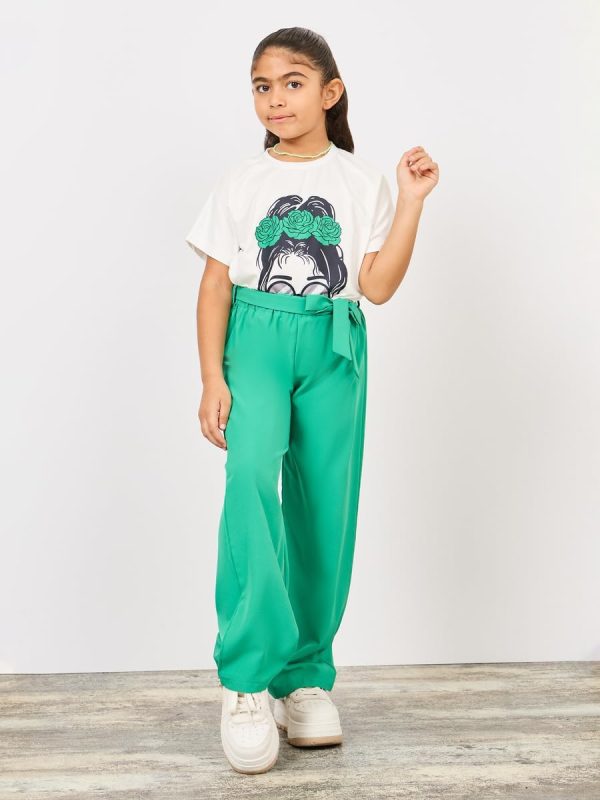 ⁦Styli Girls Happy Girl's Day Slogan Print T-shirt and Wide Leg Pant Set⁩ - الصورة ⁦6⁩