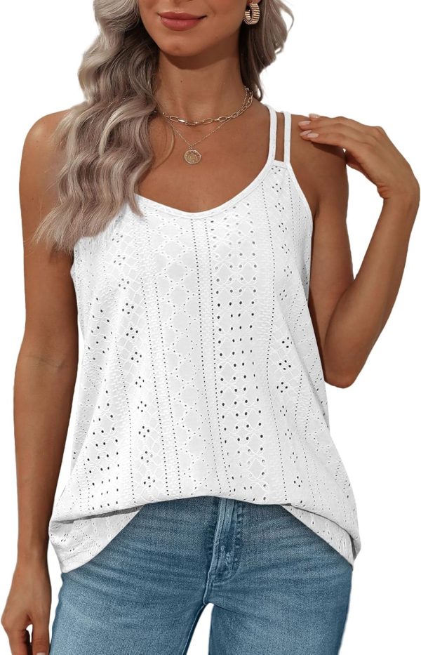 ⁦Sthxyfaith summer Women Tank workout Tops Dressy Casual Scoop Neck Cute Eyelet Embroidery Strap Camisole shirts for womens⁩ - الصورة ⁦3⁩