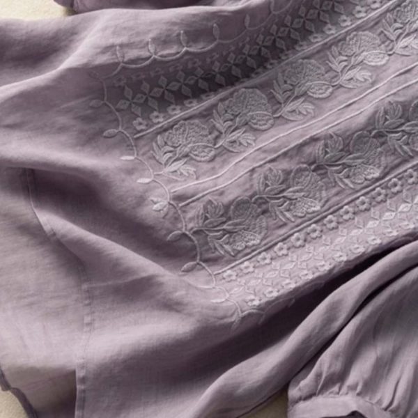 ⁦Women Dressy Casual Cotton Linen Embroidery Blouse Crew Neck Tunic Elbow Sleeve Shirts Summer Plus Size Tops⁩ - الصورة ⁦3⁩