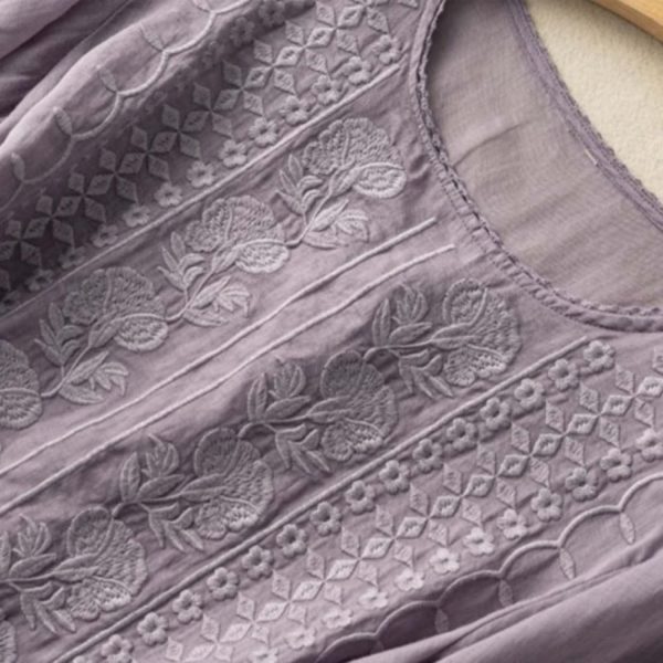 ⁦Women Dressy Casual Cotton Linen Embroidery Blouse Crew Neck Tunic Elbow Sleeve Shirts Summer Plus Size Tops⁩ - الصورة ⁦4⁩