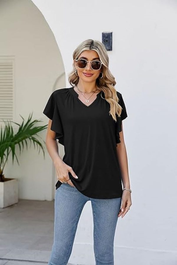⁦Womens Summer Casual Tops Ruffle Short Sleeve V Neck Blouses Chiffon Loose tunic Shirts⁩ - الصورة ⁦3⁩