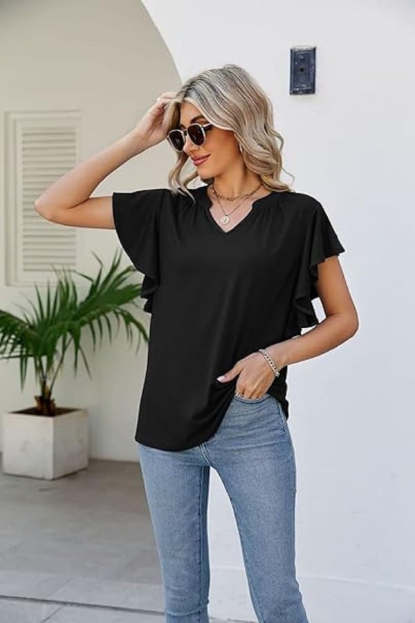 ⁦Womens Summer Casual Tops Ruffle Short Sleeve V Neck Blouses Chiffon Loose tunic Shirts⁩ - الصورة ⁦4⁩