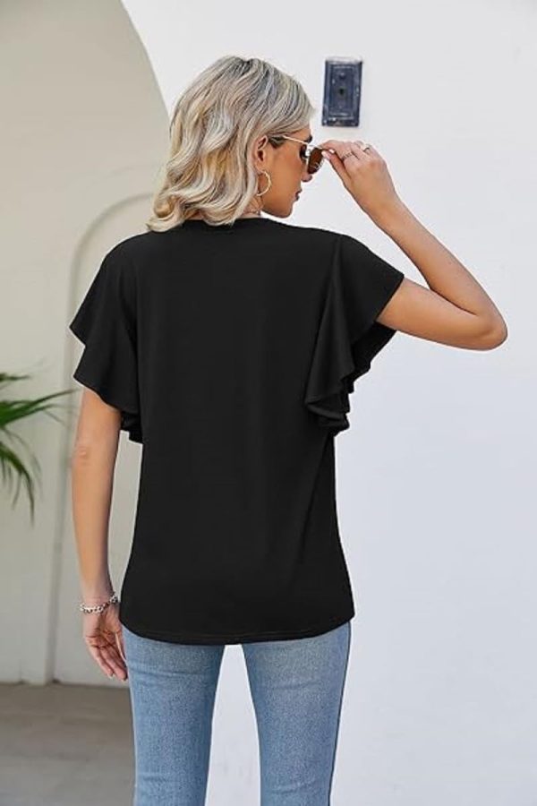 ⁦Womens Summer Casual Tops Ruffle Short Sleeve V Neck Blouses Chiffon Loose tunic Shirts⁩ - الصورة ⁦5⁩