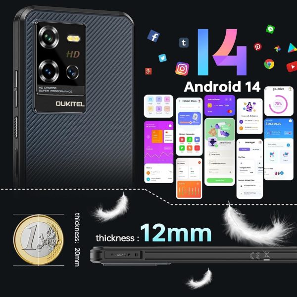 ⁦WP50 Rugged Phone Unlocked 5G-12GB RAM+256GB ROM Cell Phones, 6.6" Screen, 48MP Camera, 6500mAh Battery Smartphone, 5G Dual SIM Android 14 IP68/IP69K Waterproof Phone, NFC/GPS/T-Mobile⁩ - الصورة ⁦5⁩