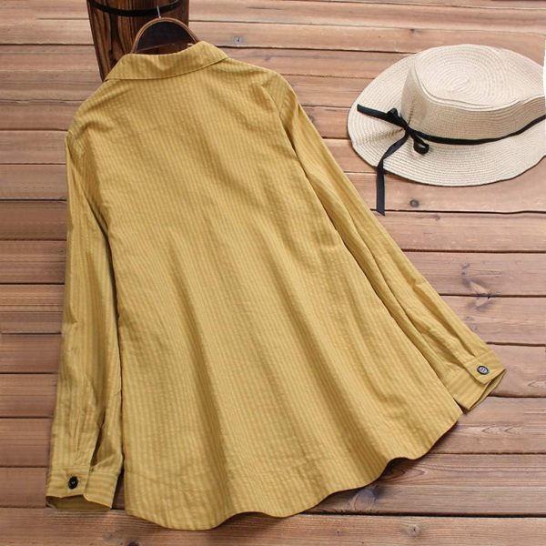 ⁦TINGZI Women Casual Loose Pocket Linen Plus Size Stripe Button Long Shirt Blouse Tops Button Down Loose Comfy Tunic⁩ - الصورة ⁦3⁩