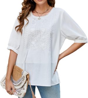 Women's Boho Embroidered Blouse, Coruja Mexican Bohemian Style Tops, Half Sleeve, Loose, Round Neck, Cotton Shirt, Plus Size Casual Tee Blouse