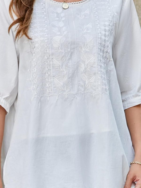 ⁦Women's Boho Embroidered Blouse, Coruja Mexican Bohemian Style Tops, Half Sleeve, Loose, Round Neck, Cotton Shirt, Plus Size Casual Tee Blouse⁩ - الصورة ⁦3⁩