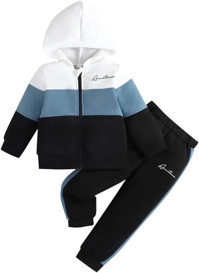 Hotfiary Kids Boys 2 Piece Tracksuit Set, Long Sleeve Hoodie Jacket Top and Sweatpant Jogging Pants Joggers Trouser Bottoms, Boys Running Walking Hiking Sweatsuit, Age 6M-7Y