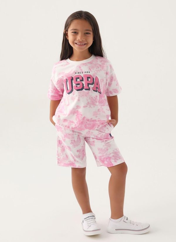 ⁦U.S. POLO ASSN. Girls Beige-Orchid Bermuda Set⁩ - الصورة ⁦2⁩
