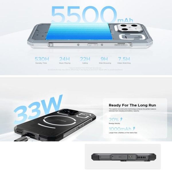 ⁦Doo.gee Smartphone - Powerful 5G Rugged Device with 100MP Camera, Dimensity 7300 CPU, 16GB RAM + 512GB Storage, IP68/IP69K Rated, and Android 14 LED Light Effect (Moon Shadow Black) (Silver)⁩ - الصورة ⁦4⁩