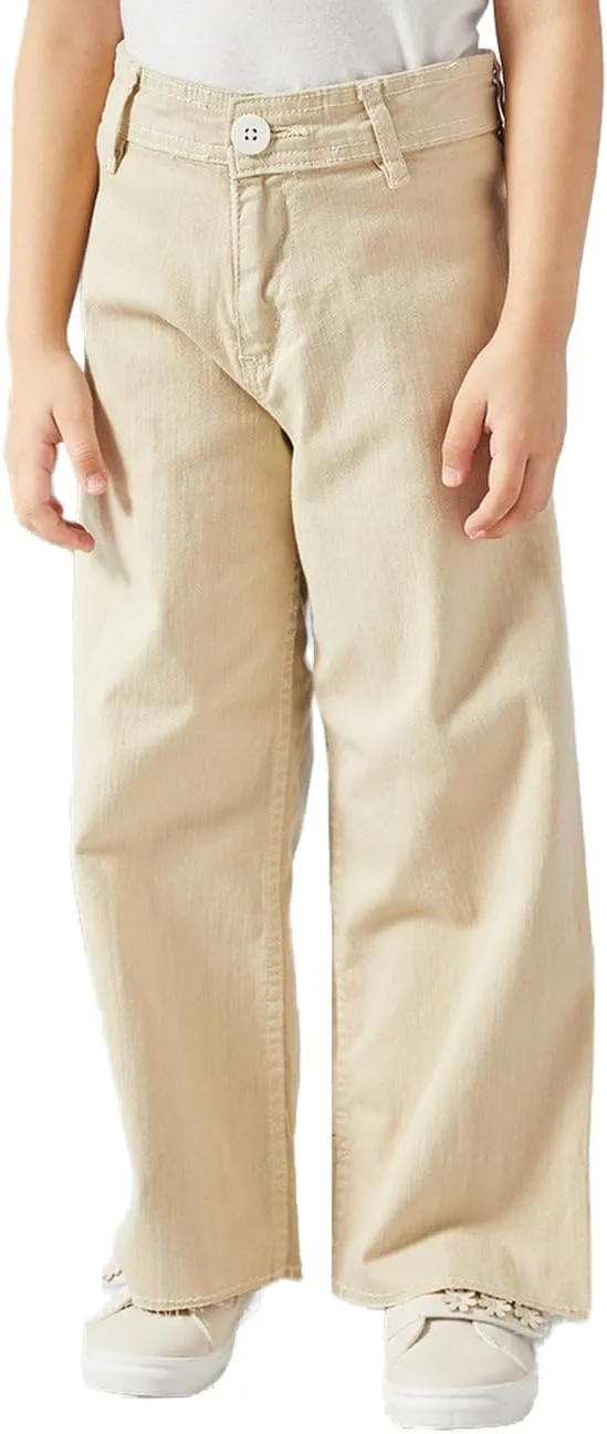 REDTAG Girls Beige Solid Wide Leg Jeans