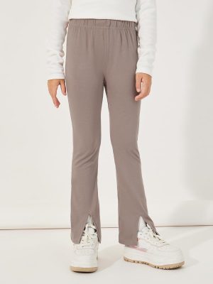 Styli Girls Solid Flared Leggings with Split Hem