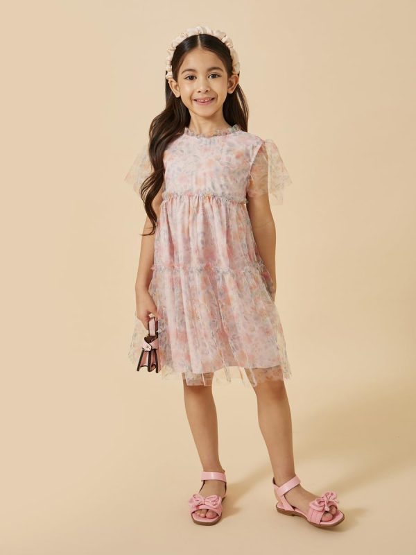⁦Styli Girls Floral Print Mesh Tiered Dress⁩ - الصورة ⁦2⁩