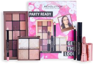 Makeup Revolution Get The Look Gift Set Party Ready, Eye Palette, Eyeliner, Lipstick, Mascara & Highlighter Included, Various Shades