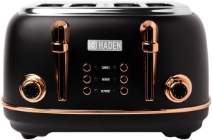 Haden Heritage Black 4 Slice Toaster - Adjustable Browning Control, Reheat and Defrost Functions - Stainless Steel With Self-centring Function - 1370-1630W