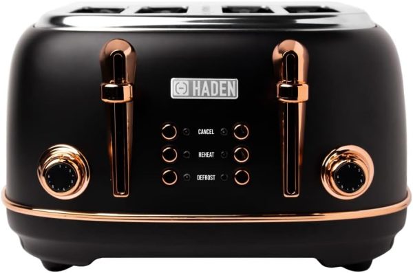 Haden Heritage Black 4 Slice Toaster - Adjustable Browning Control, Reheat and Defrost Functions - Stainless Steel With Self-centring Function - 1370-1630W