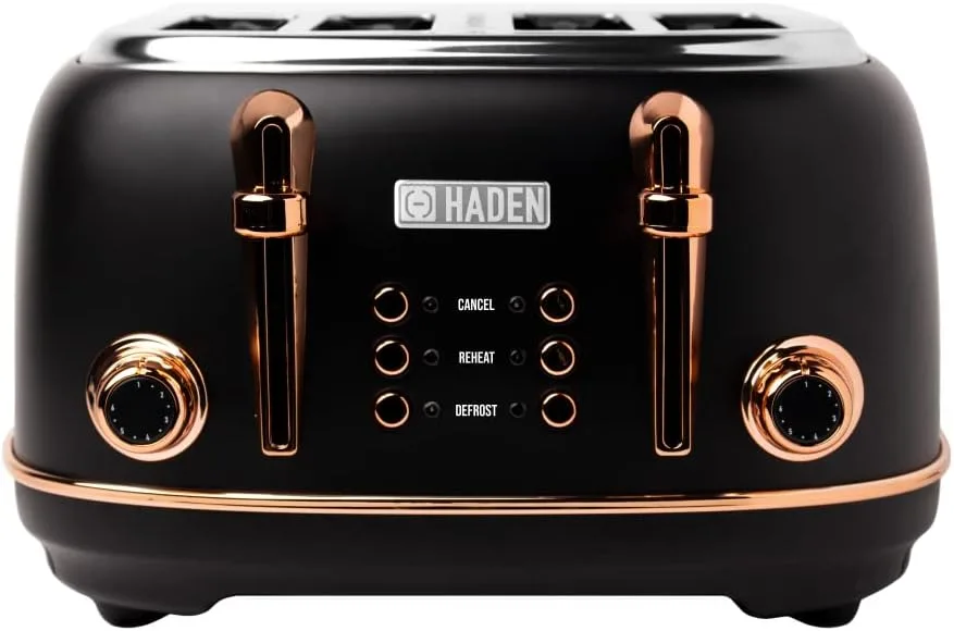 Haden Heritage Black 4 Slice Toaster - Adjustable Browning Control, Reheat and Defrost Functions - Stainless Steel With Self-centring Function - 1370-1630W