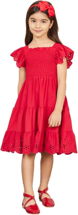 Styli Girls Laser Cut Out and Smocked Detail Tiered Dress