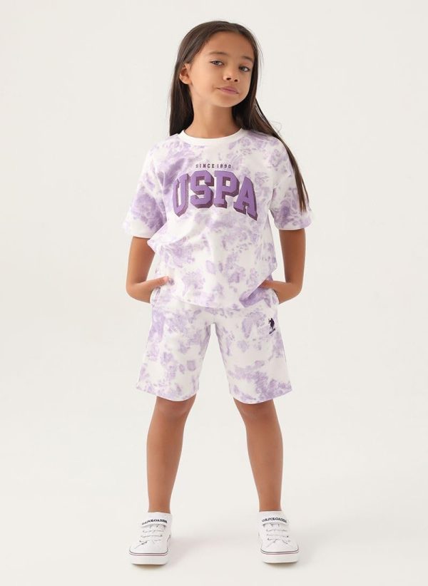 ⁦U.S. POLO ASSN. Girls Beige-Lavender Bermuda Set⁩ - الصورة ⁦2⁩