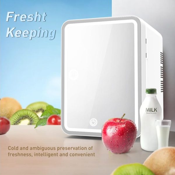 ⁦VUCATIN Mini Makeup Fridges, Portable Take Skincare Fridge, Mirrored Door with Dimmable LED Light,Portable Small Refrigerator for Cosmetics, for Skincare, Food, Bedroom, Office and Car (6L)⁩ - الصورة ⁦4⁩