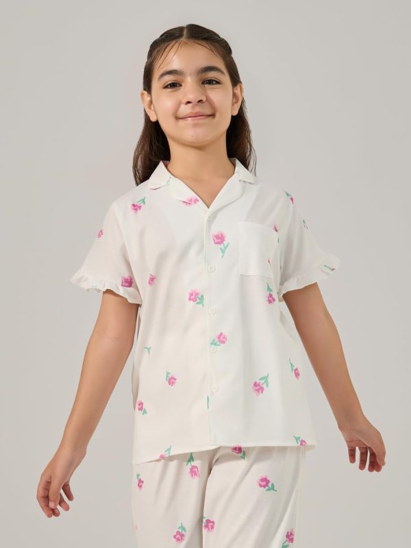 ⁦Styli Girls Floral Printed Button Front Pyjama Set⁩ - الصورة ⁦3⁩