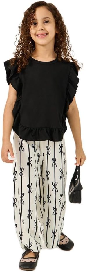 Styli Girls Ruffled Edge Top And Bow Print Pants Set
