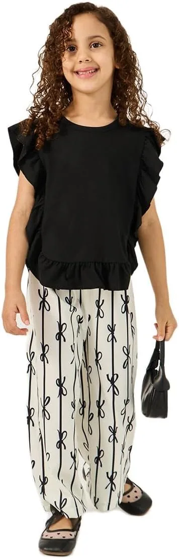 Styli Girls Ruffled Edge Top And Bow Print Pants Set