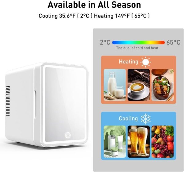 ⁦VUCATIN Mini Makeup Fridges, Portable Take Skincare Fridge, Mirrored Door with Dimmable LED Light,Portable Small Refrigerator for Cosmetics, for Skincare, Food, Bedroom, Office and Car (6L)⁩ - الصورة ⁦3⁩