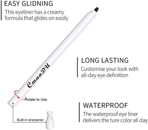 ⁦KASTWAVE Black White Eyeliner Pencil, 2 Pcs Matte Smooth White Eye Brightener Stick with Built-in Sharpener, Quick Drying Waterproof High Pigmented Highlighter Eye Liner Pen, Waterproof Smudge Proof⁩ - الصورة ⁦4⁩